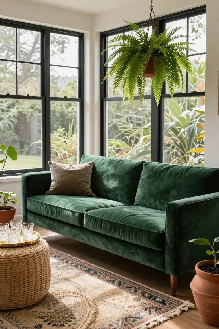 Green velvet three-seater sofa in a bright living room with large black-framed windows, hanging fern plant, potted greenery, woven ottoman, gold tray with glasses, and patterned rug on wood floor.