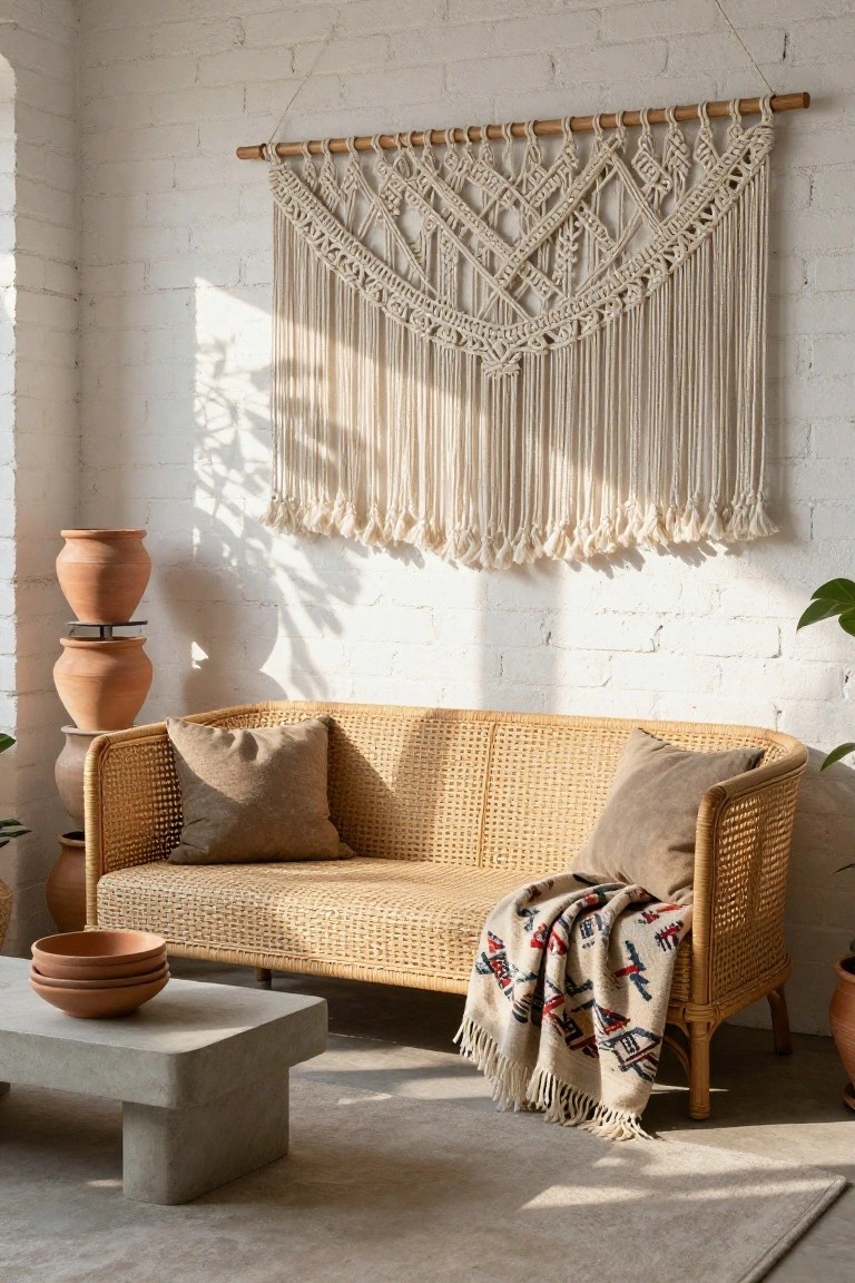 Curved beige rattan chaise lounge sofa with taupe cushions and multicolored woven throw blanket on a low concrete table with stacked terracotta bowls, large macrame wall hanging on white brick wall, potted plants, and terracotta vases in a light indoor room.