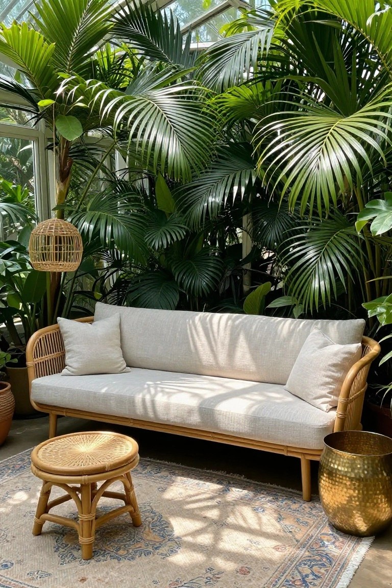 A low beige cushioned rattan chaise lounge sofa with pillows sits in a glass conservatory surrounded by tropical plants, with a small woven rattan stool, brass pot, and patterned rug in front.