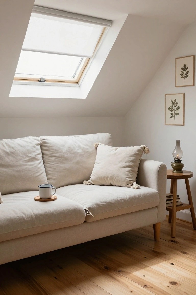 Attic room with sloped white ceiling and skylight featuring a cream-colored fabric chaise lounge sofa with tasseled pillows, a white mug on wooden saucer on the seat, wooden side table holding a metal oil lamp, two botanical prints on walls, and light wooden floors.