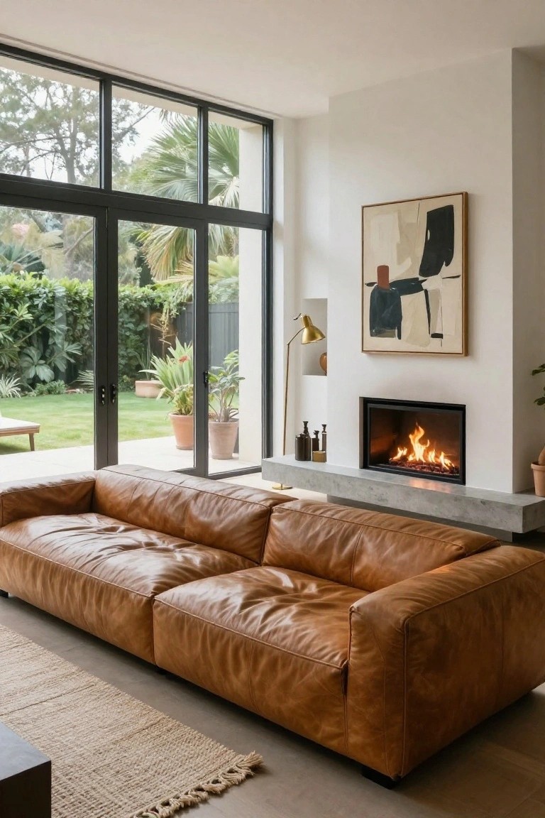 Modern living room with large tan leather L-shaped sofa facing slim black gas fireplace on concrete hearth, large black-framed sliding glass doors to lush green garden, white walls, abstract painting, potted plants, and arched floor lamp.