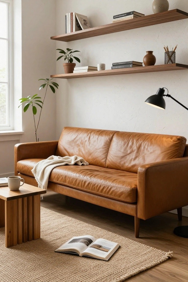 A tan leather two-seater sofa sits in a bright living room corner with floating wooden shelves holding books, pottery, and potted plants above, a wooden coffee table with a mug and magazine in front, a beige throw blanket on the sofa, and a jute rug on light wood floors.