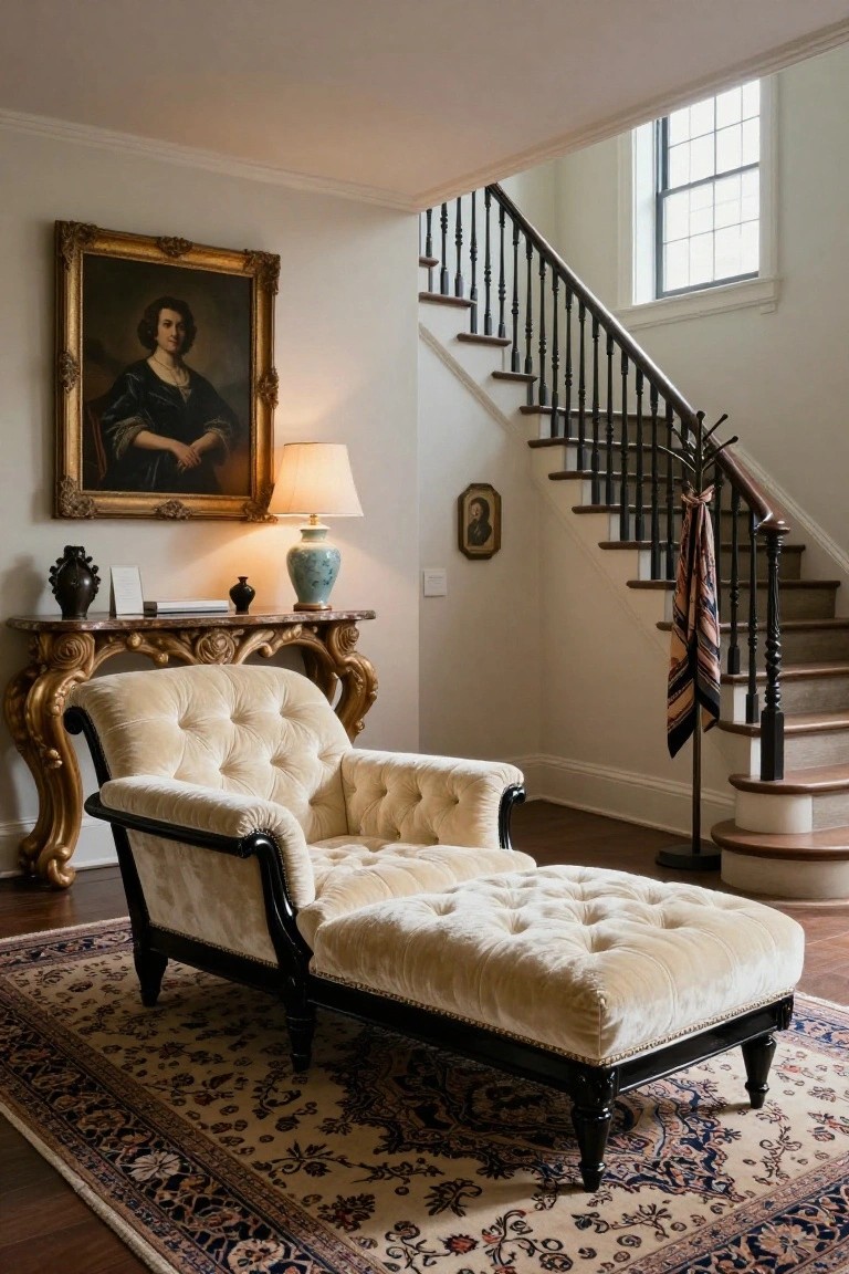 Corner interior of a home with cream tufted velvet chaise lounge and matching ottoman on ornate black and gold frame, gold console table with lamps and vases, portrait painting on wall, and dark wood staircase.