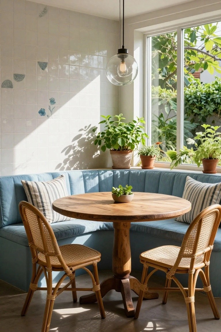 Blue tufted banquette with striped pillows wraps around a round wooden pedestal table and two rattan chairs in a sunny kitchen corner with plants, tiled walls, and large windows.