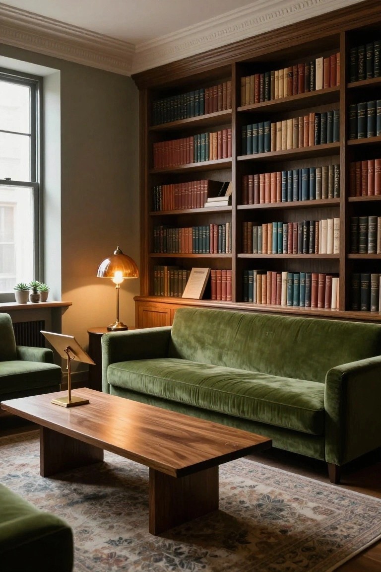 Interior of a library room featuring tall wooden bookshelves filled with books, a green velvet sofa and matching chairs around a wooden coffee table, brass lamp, music stand, potted plants, and a window.