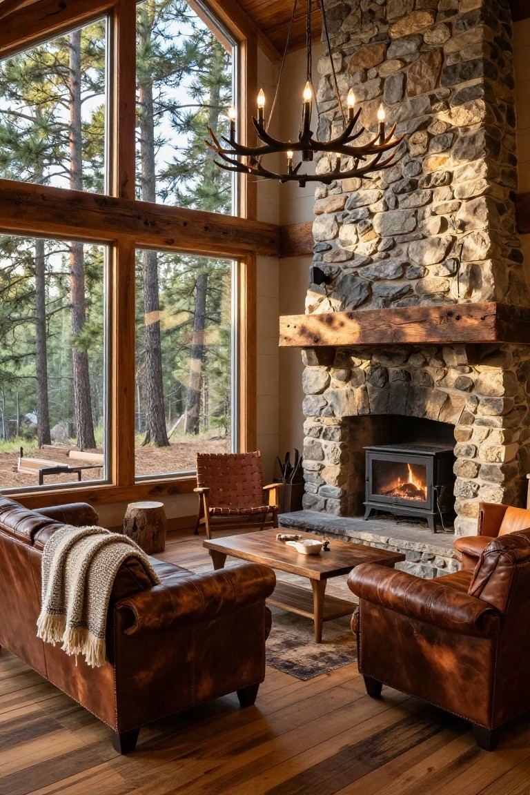 Rustic cabin living room interior with large triangular windows overlooking pine forest, stone fireplace with burning stove, antler chandelier, brown leather sofas on wood floors, wooden stools and coffee table.