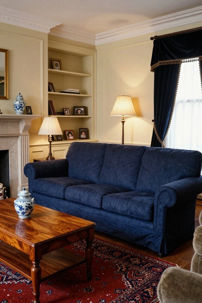 A navy blue three-seater sofa in a living room with a wooden coffee table holding a blue and white vase, red oriental rug, marble fireplace, built-in bookshelves with photos and books, two table lamps, and cream walls with dark curtains over a window.