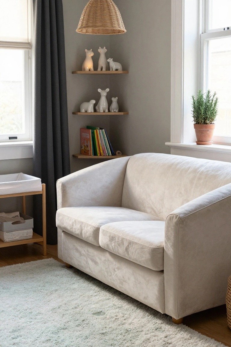 Light gray nursery corner with cream upholstered sofa, wooden changing table, shelves holding white ceramic animal figurines and colorful books, light blue rug, and potted plant by window.