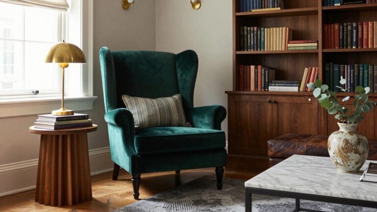 A green velvet wingback armchair with matching pillow sits on a gray rug in a wood-paneled library room lined with bookshelves, next to a marble-topped wood pedestal table holding stacked books and a terracotta vase of eucalyptus branches, with a leather ottoman nearby and a window with linen shade.
