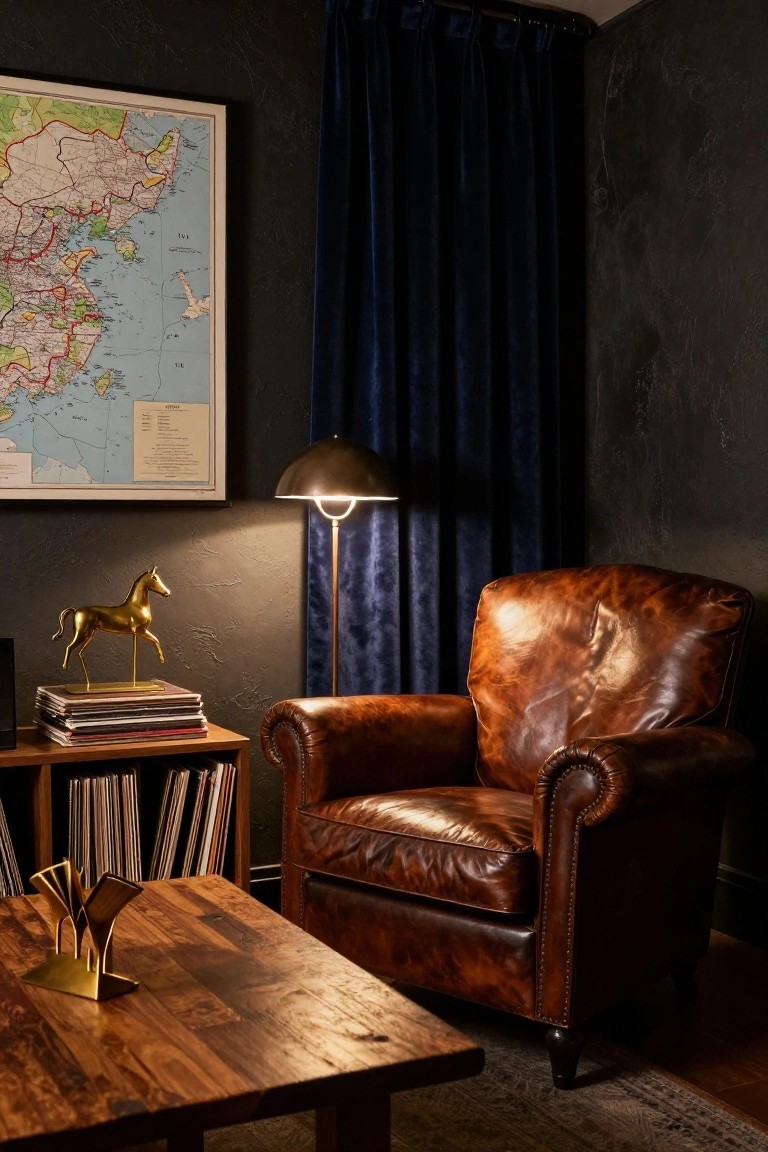 Interior corner with a brown tufted leather armchair, wooden side table holding a brass horse sculpture and books, record shelves, arched floor lamp, and a framed map on dark walls.