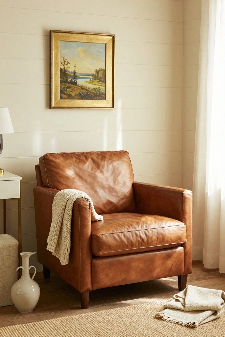Brown leather armchair draped with a cream knit throw in a beige shiplap-walled interior corner, beside a lamp on a white side table, gold-framed landscape painting, ceramic vase, and seagrass rug.