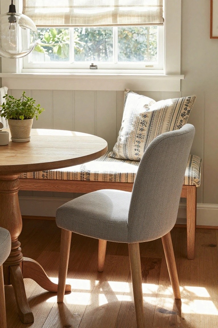 Light gray upholstered armchair with wooden legs next to a cushioned bench at a round wooden table in a sunlit room with white wainscoting, plants, and a large window.