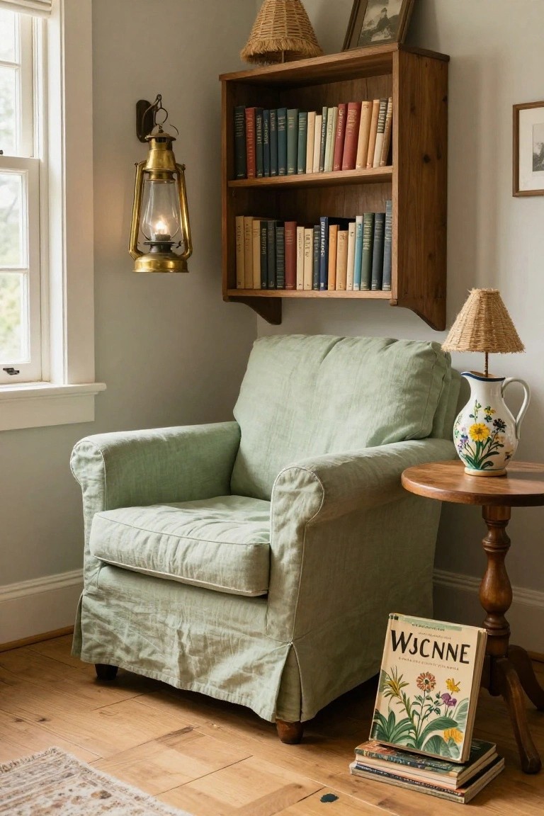 Cozy green armchair with books, lantern, and floral pitcher in a corner nook.