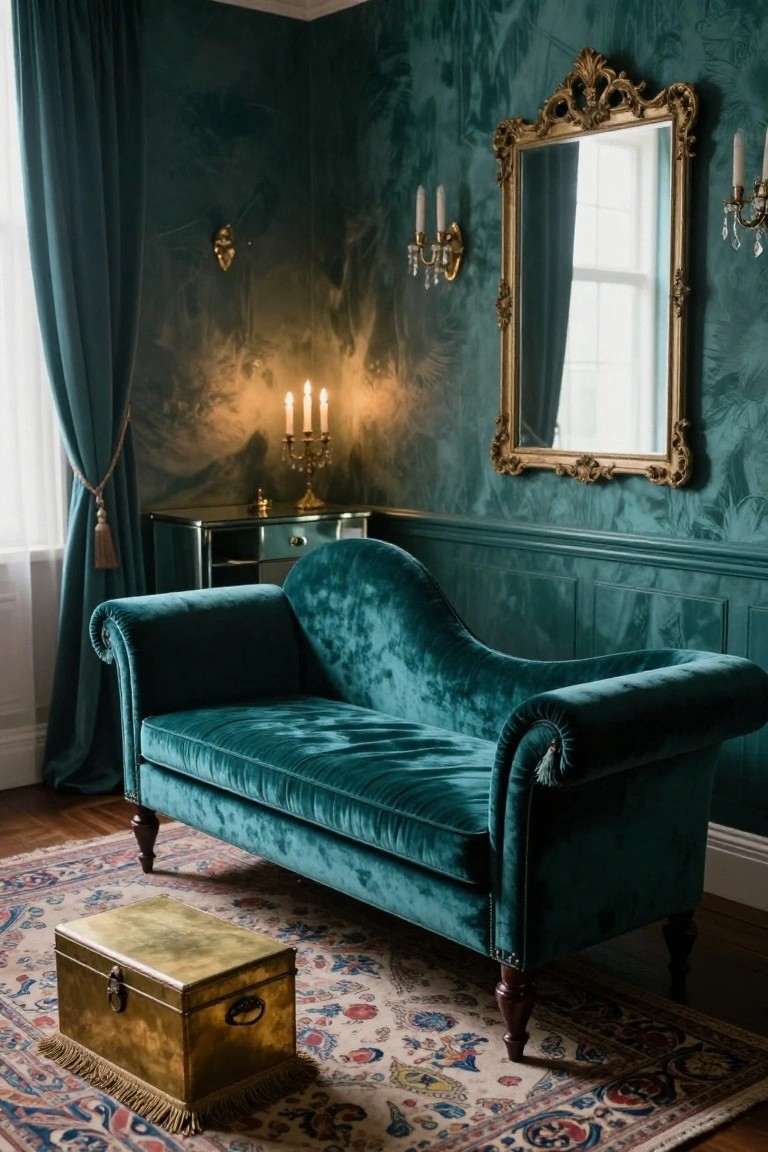 Corner of a teal-walled room with emerald green velvet chaise lounge, gold-framed mirror, brass candelabra on mirrored console table, brass chest on patterned rug, heavy drapes, and wall sconces.