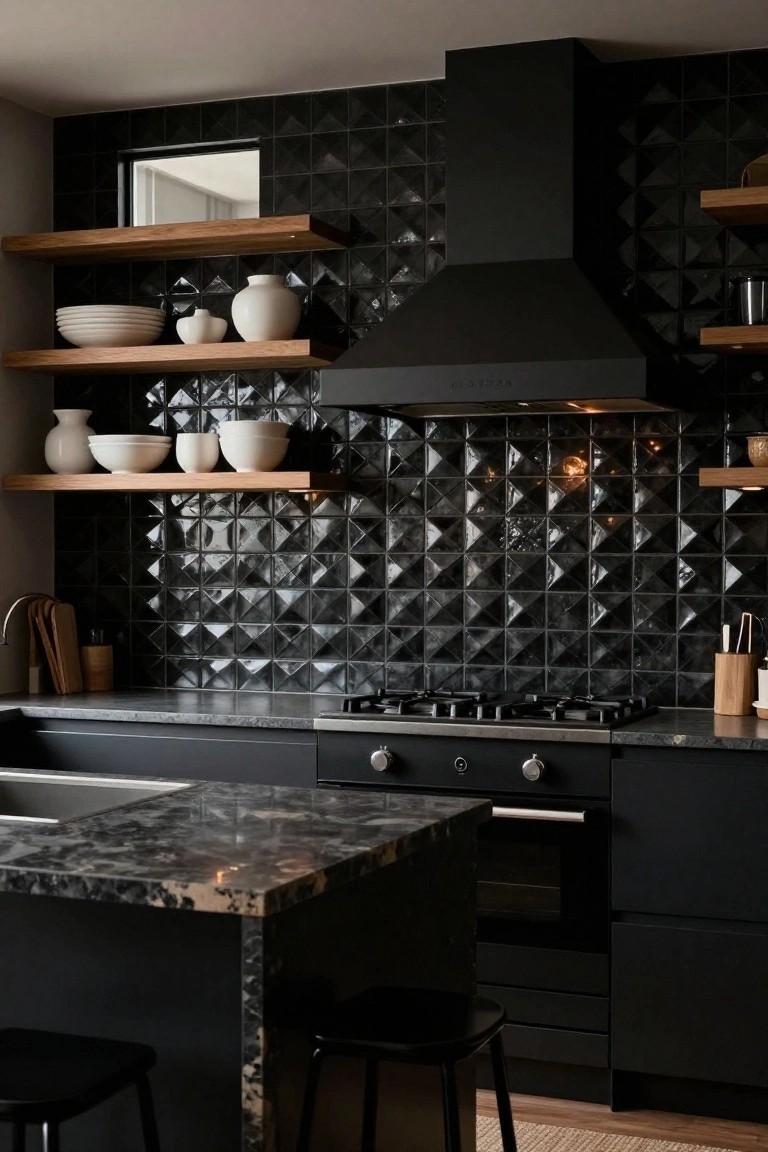 Modern kitchen with glossy black diamond-patterned tile backsplash behind a gas stove, dark cabinets, marble-like countertop, wood open shelves displaying white ceramics, and black bar stools.