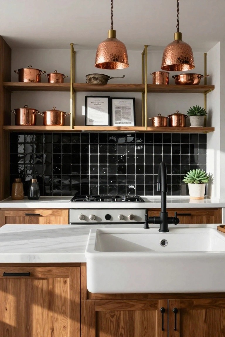 Kitchen interior with glossy black subway tile backsplash, wooden cabinets, white marble counters, farmhouse sink, black faucet, gas stove, copper pots on open shelves, and pendant lights.