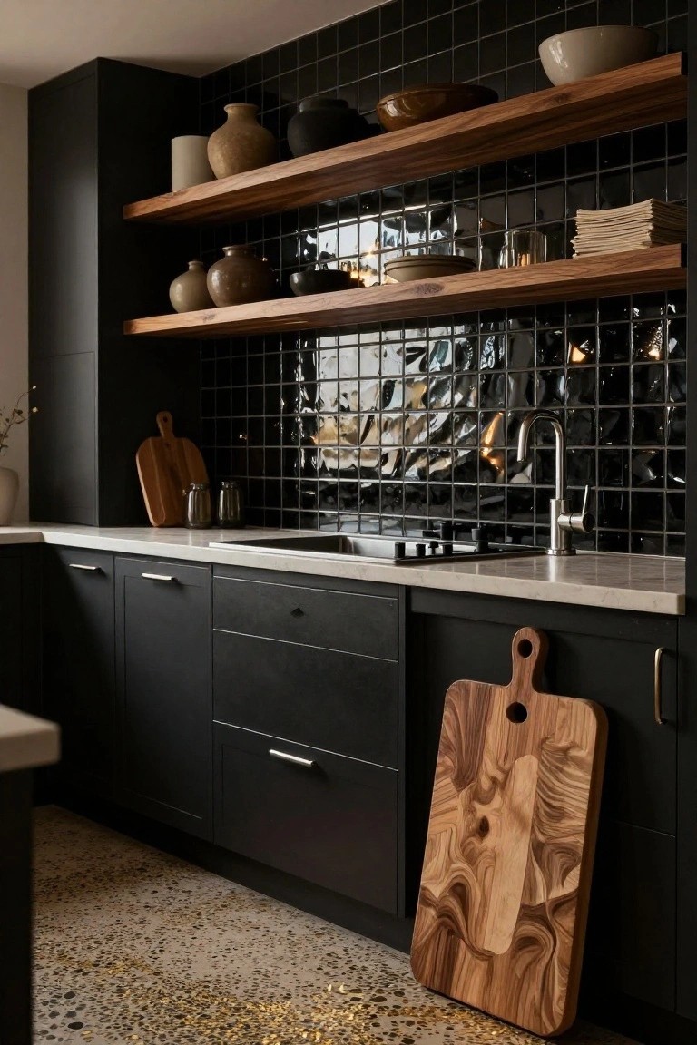 Modern kitchen corner with black wavy glossy tile backsplash behind sink and cooktop, flanked by dark cabinets, wood open shelves with ceramics, and a large wood cutting board leaning nearby.