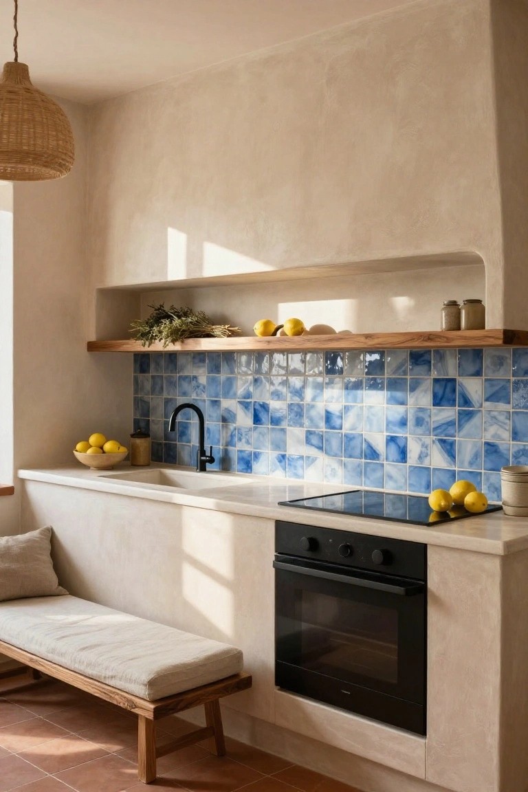 Kitchen interior with beige plaster walls and countertops, irregular blue tiles as backsplash behind black faucet and induction cooktop, wooden shelves holding lemons and herbs, and a cushioned wooden bench in front.