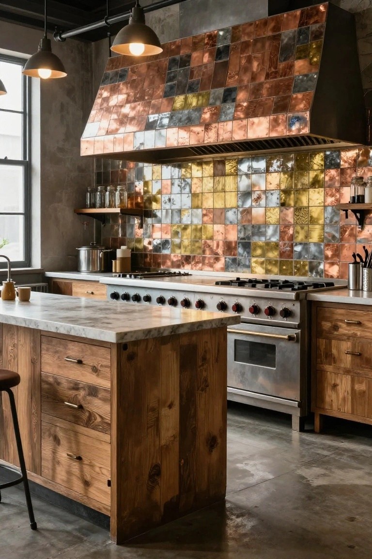 Kitchen with multicolored copper and brass tile backsplash behind a professional gas range and hood, wooden island countertop, bar stools, and hanging pendant lights.