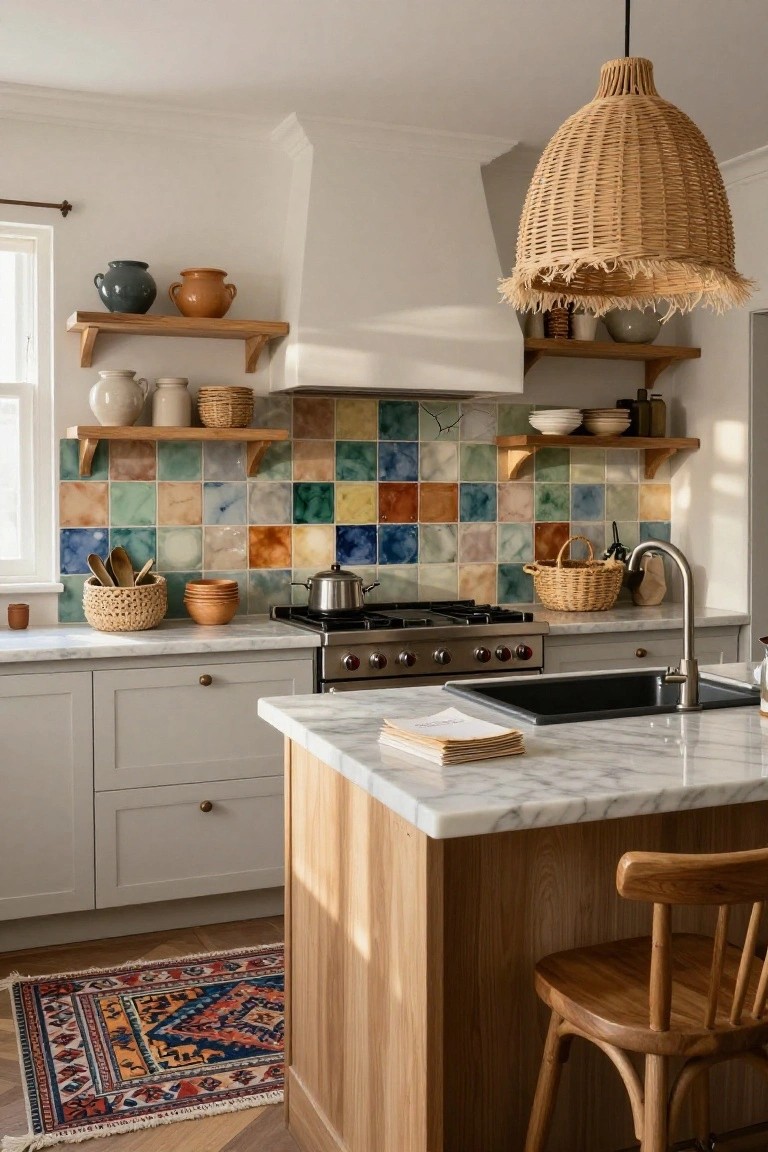 Kitchen with white shaker-style cabinets, a colorful eclectic tile backsplash in assorted blues, greens, oranges, and beiges behind the stainless steel stove and sink, marble island countertop, wooden shelves with pottery, rattan pendant light, and woven baskets.