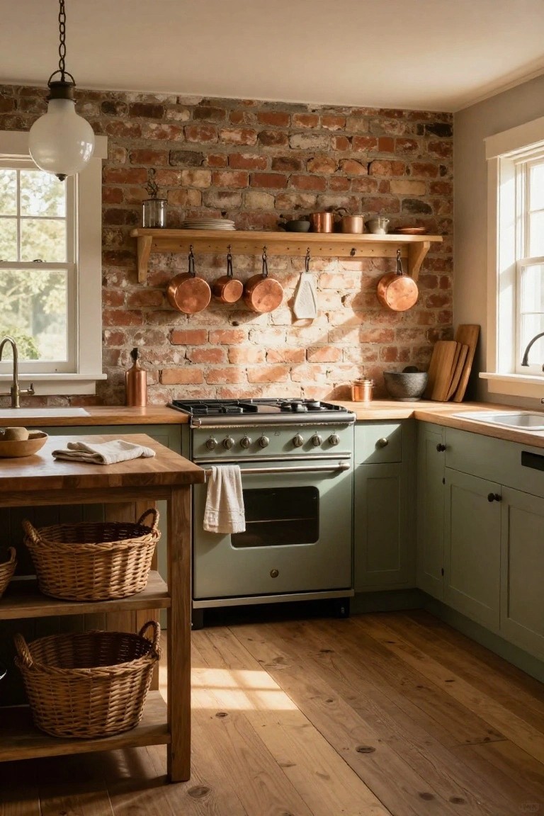 Kitchen with exposed red brick wall behind sage green range and cabinets, wooden island holding woven baskets, copper pots and pans on wooden shelf, white sink, and window light.