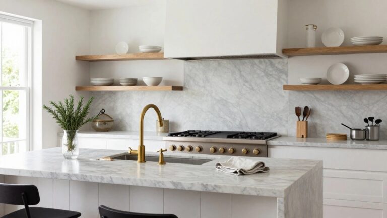 White kitchen with marble backsplash and counters, white cabinets, brass faucet and handles, gas range, wood accents, plants, and black stool at island.