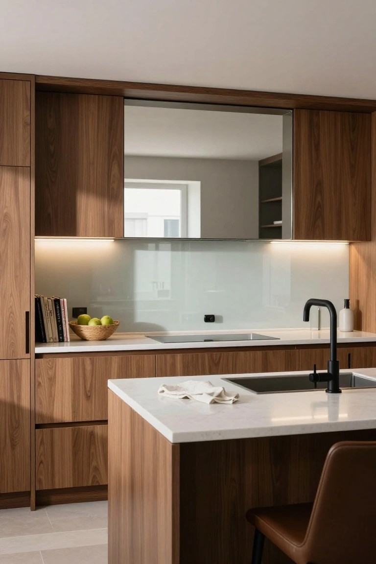 Kitchen interior with walnut wood cabinets, white quartz counters and island, black matte faucets, frosted glass backsplash illuminated by LED lights under cabinets, bowl of apples on counter, and brown leather bar stool at island.