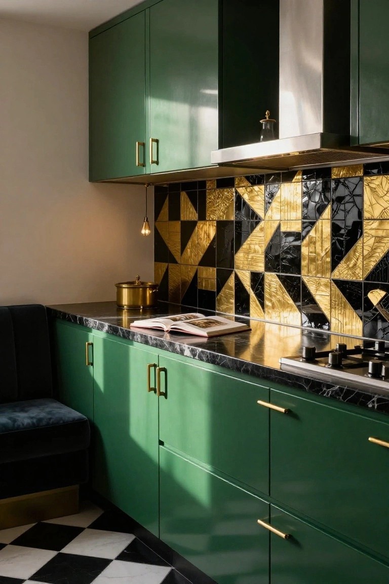 Close-up view of a green kitchen with emerald cabinets, black marble countertop, stainless steel cooktop, and a geometric backsplash of black and gold zigzag tiles above the stove, plus a black and white checkered floor.
