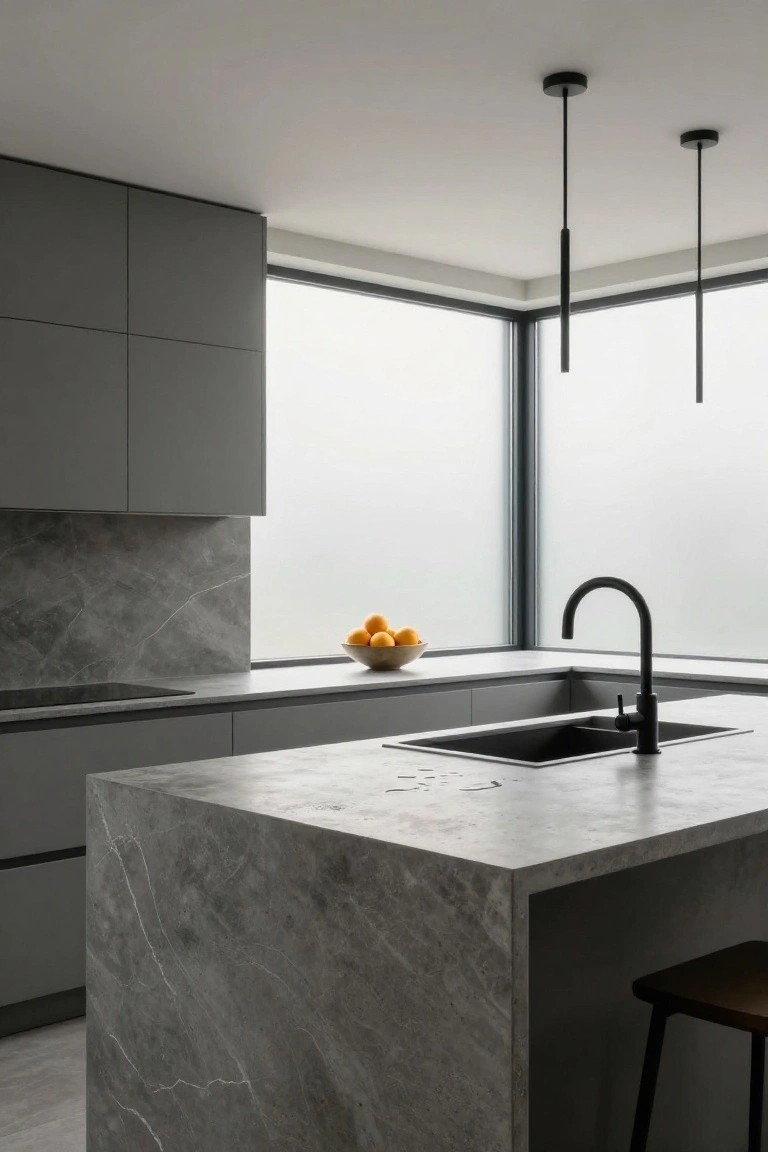 Contemporary kitchen with gray flat-panel cabinets, gray marbled countertops and full-height backsplash behind induction cooktop, black sink and gooseneck faucet, two black pendant lights, wooden stool at island, and bowl of oranges near corner window.
