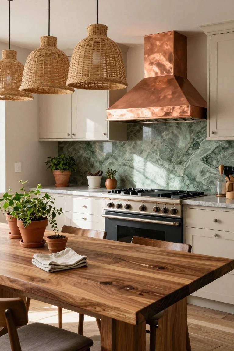 Kitchen with white shaker cabinets, green veined marble backsplash, copper range hood over black gas range, rattan pendant lights, wood dining table, and potted plants on white quartz counters.