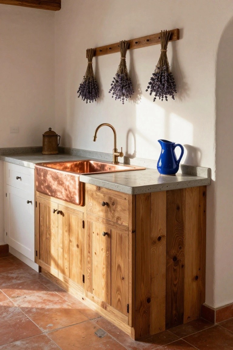 Kitchen corner with copper farmhouse sink under concrete countertop, wooden cabinets below, brass faucet, blue jug and copper teapot on counter, and three bundles of dried lavender hanging from wooden rod on white curved wall above sink.