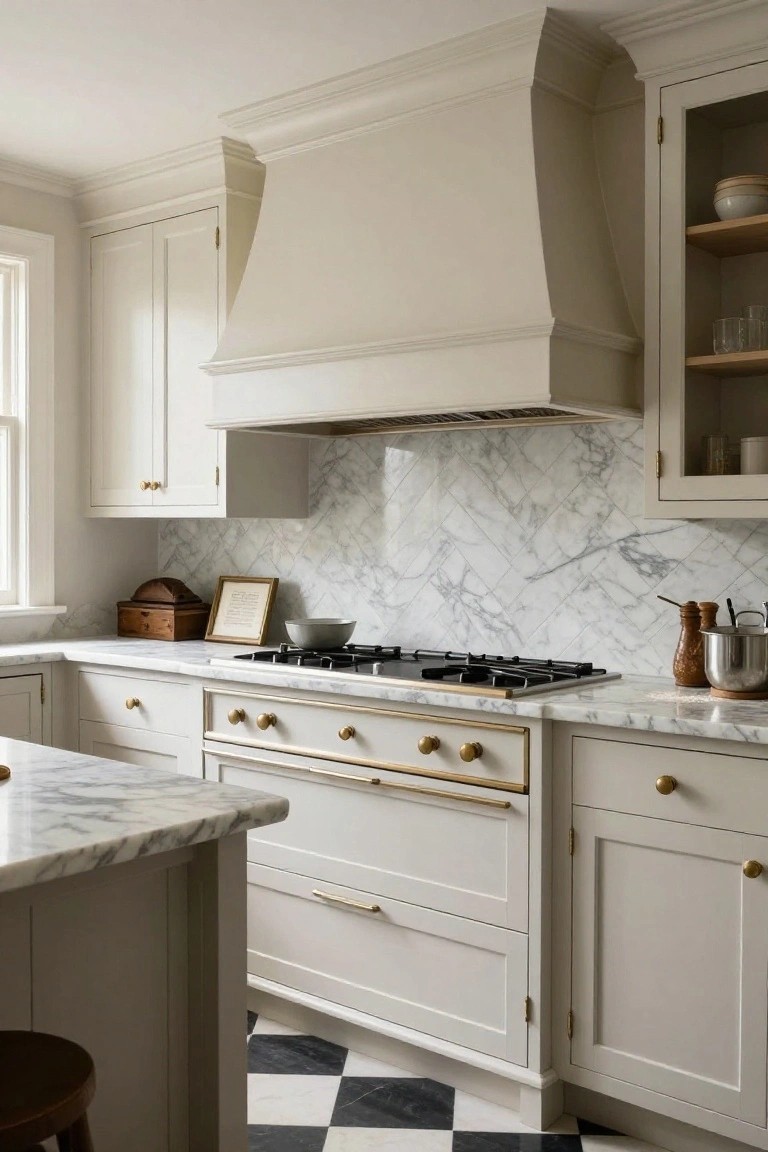 Kitchen with white marble countertops and herringbone-patterned marble backsplash behind a gas range, cream cabinets with gold hardware, open shelves, and black-and-white checkered tile floor.