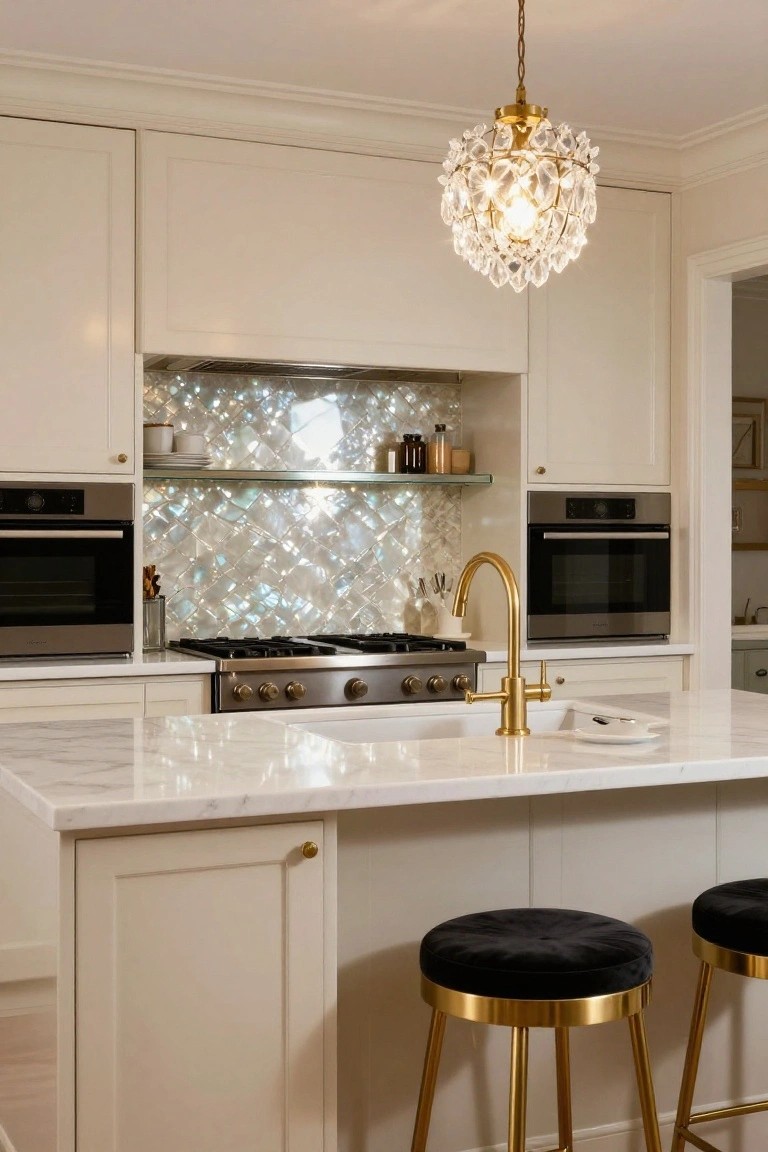 Kitchen with cream shaker-style cabinets, white marble island countertop, gold faucet and hardware, black velvet barstools on gold legs, and iridescent fish-scale tile backsplash behind stainless steel range and ovens.