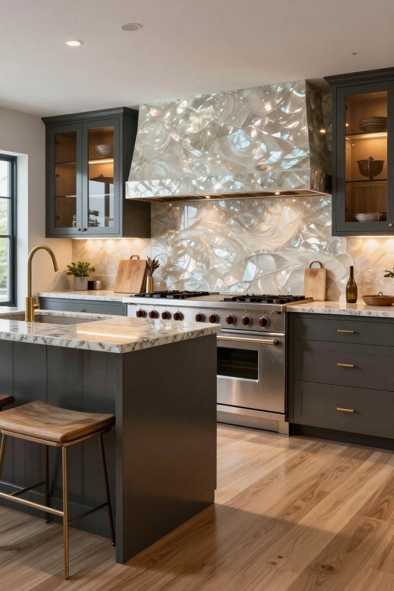 Modern kitchen with dark cabinets, white marble island and counters, gold faucet, stainless steel range, and iridescent wavy tile backsplash behind the cooktop.