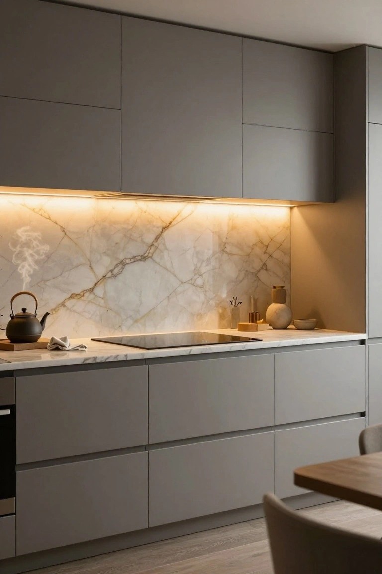 Modern kitchen with gray flat-panel cabinets, white marble countertop and veined backsplash illuminated by warm LED strip lights under upper cabinets, black kettle steaming on induction cooktop, wooden table and chair nearby.