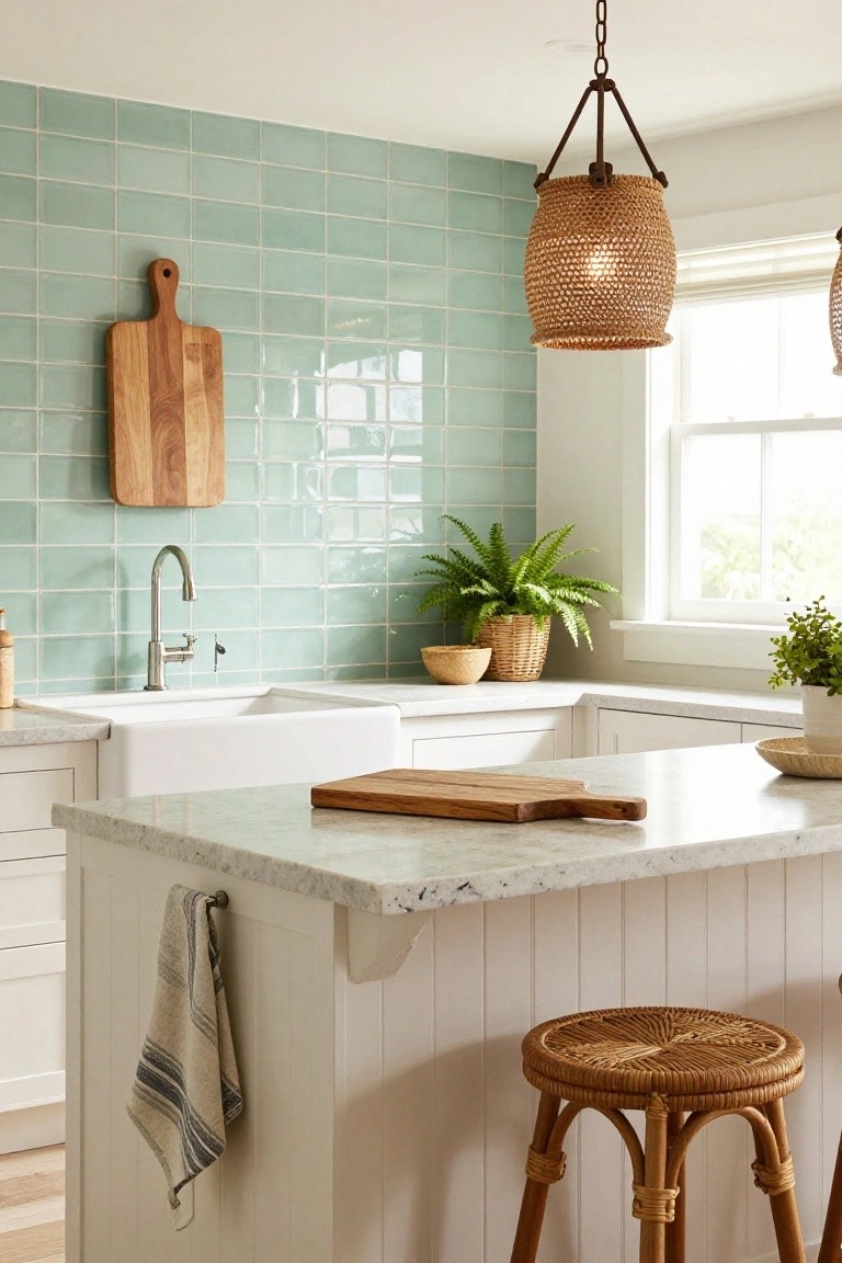 Kitchen with pale green glossy subway tile backsplash behind a white farmhouse sink, white shaker cabinets, marble island countertop, wood cutting boards, potted plants, rattan pendant light, and woven bar stool.