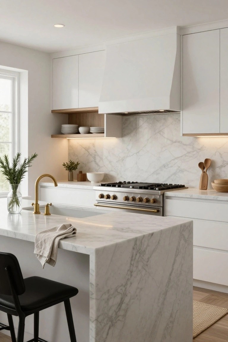 White kitchen with marble backsplash and counters, white cabinets, brass faucet and handles, gas range, wood accents, plants, and black stool at island.