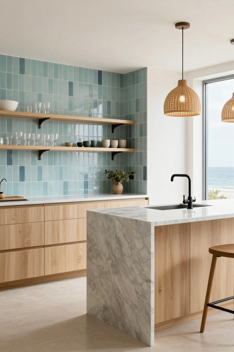 Modern kitchen interior with light oak cabinets, white marble countertop island, glossy teal subway tile backsplash, open wooden shelves displaying glassware and ceramics, black faucet, rattan pendant lights, and large window overlooking the ocean.