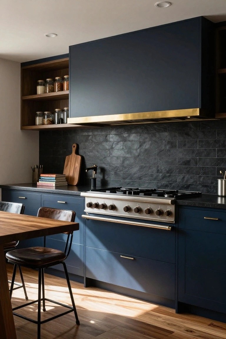 Modern kitchen with navy blue lower cabinets, black textured elongated tile backsplash, stainless steel gas range under brass-trimmed hood, wooden cutting board and stools at a table, and open wood shelves with jars.