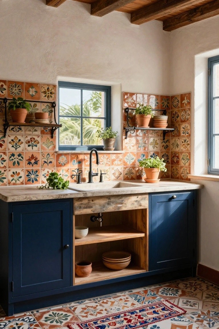 Kitchen corner with navy cabinets, white countertop and farmhouse sink, colorful floral-patterned tile backsplash, potted plants on shelves, and window showing palm trees outside.