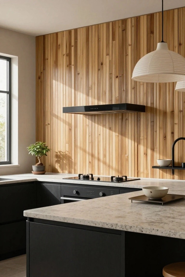 Modern kitchen with vertical light wood slat wall behind black range hood and cooktop, dark cabinets, light quartz counters, and a small potted plant on the counter.