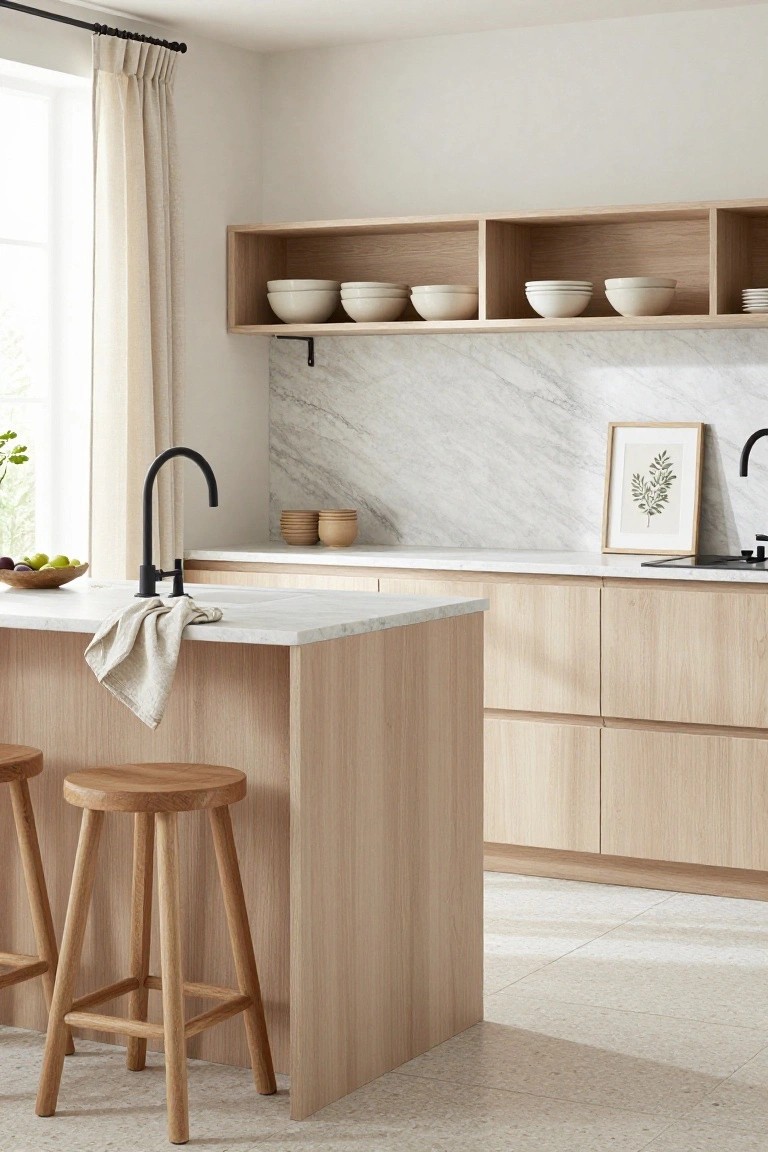 Light oak kitchen cabinets and island with white marble countertop and backsplash, black matte faucet over sink, wooden bar stools, open shelves with white bowls, and a window with sheer curtains.