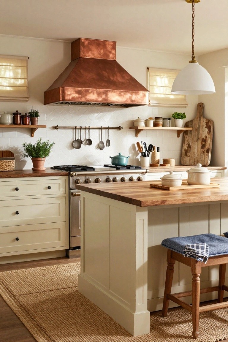 Kitchen with copper range hood over stainless steel range cooker, cream cabinets, wooden island with stool, potted plants on shelves, and hanging utensils on brass rail.