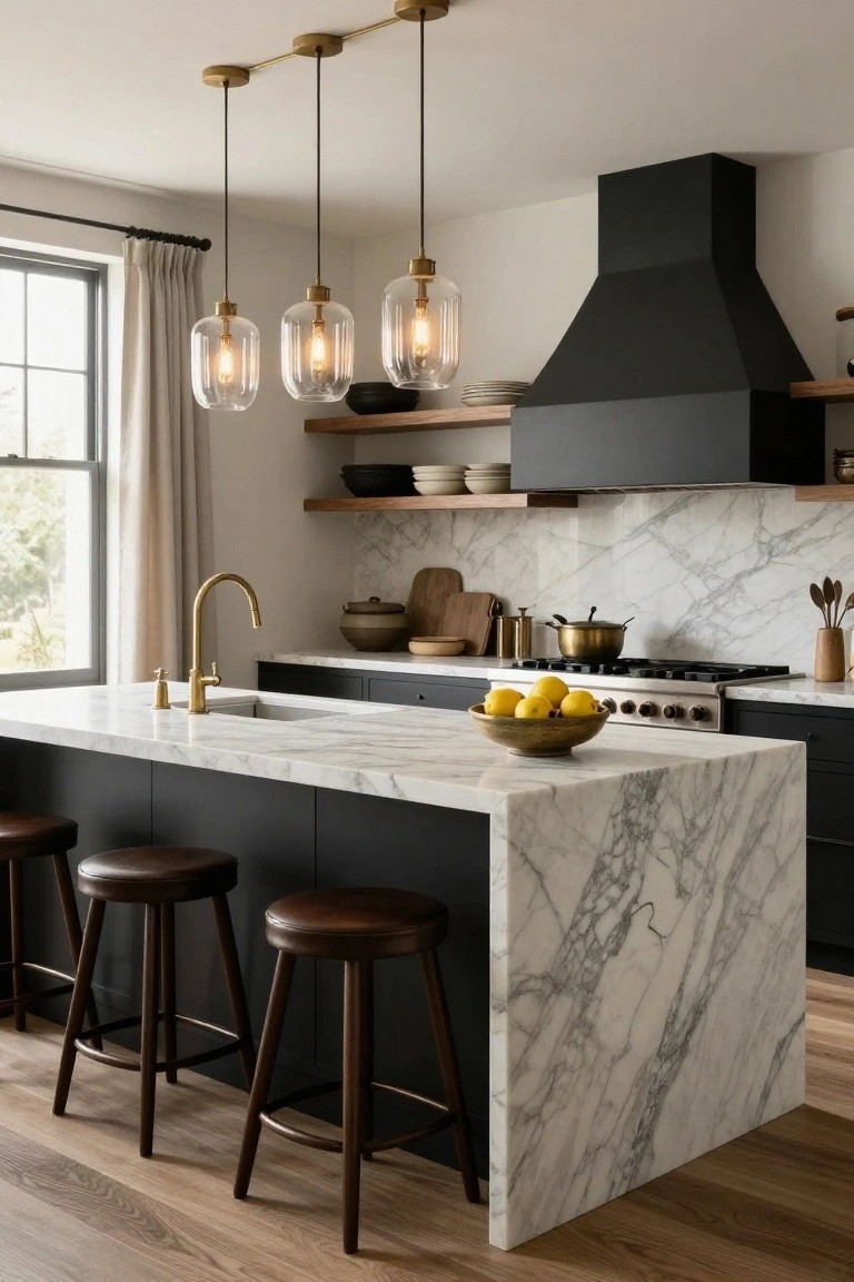 Modern kitchen with black lower cabinets and island topped by white veined marble counters, brass pendant lights overhead, gold faucet at sink, and brown leather bar stools.
