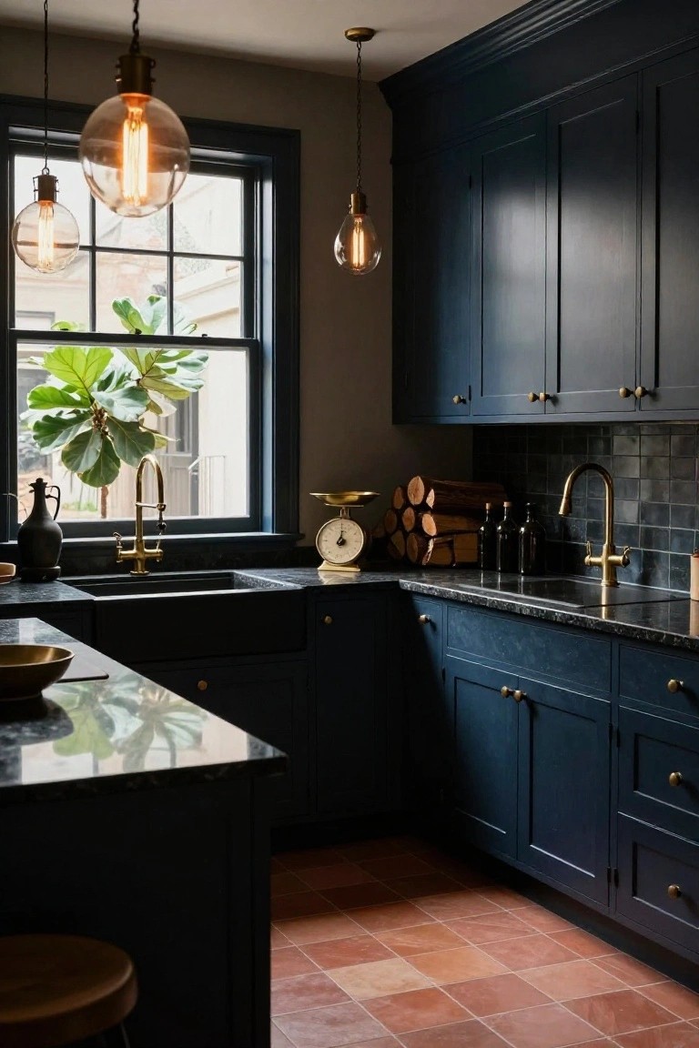 Corner kitchen with deep navy cabinets, black granite countertops, brass faucet and hardware, three pendant lights, terracotta tile floor, and a potted plant by the window.