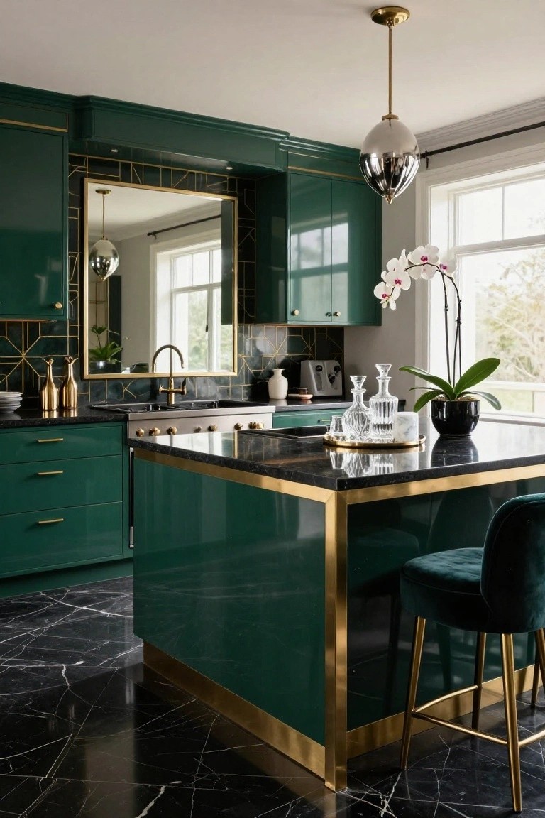 A luxury kitchen with glossy emerald green cabinets, brass-trimmed black marble island and counters, gold-framed mirror on geometric backsplash, orchids in black pot on island, green velvet stool, and window view.