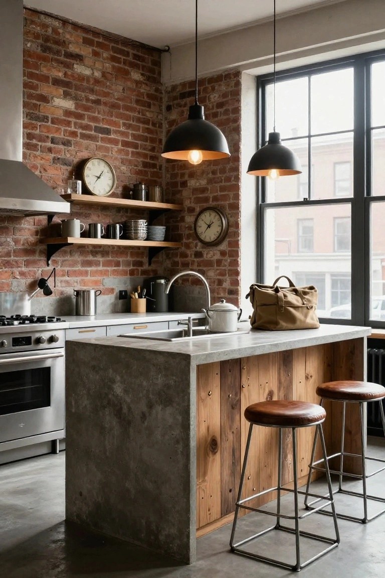 Kitchen interior with exposed red brick walls, concrete countertop island with vertical wood paneling on sides, two leather bar stools with metal frames, stainless steel appliances, and pendant lights overhead.