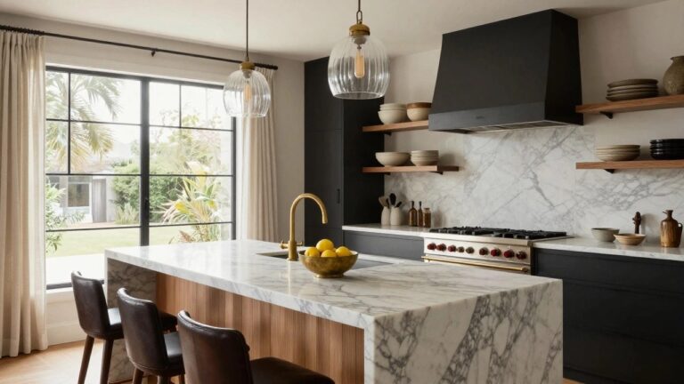 Modern kitchen with black lower cabinets and island topped by white veined marble counters, brass pendant lights overhead, gold faucet at sink, and brown leather bar stools.