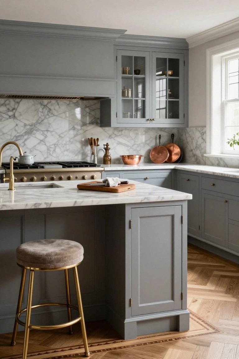 A corner kitchen with soft gray Shaker-style cabinets, white marble countertops and backsplash, brass faucet and range, copper pots hanging above, wood cutting board on island, and a brass stool with upholstered seat.