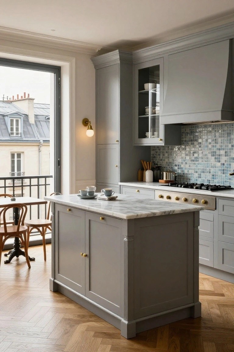 Light gray shaker-style kitchen cabinets with white marble-topped island, blue glass mosaic tile backsplash, gold hardware, and oak herringbone flooring in a room with large windows overlooking Paris rooftops and a balcony.